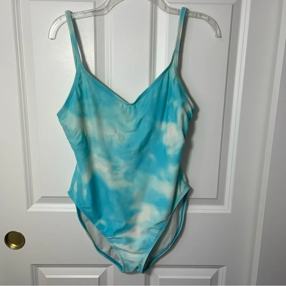 Anne Klein One Piece Swimsuit Sarong Set Sky Blue Tie Dye Aqua Turquoise 14